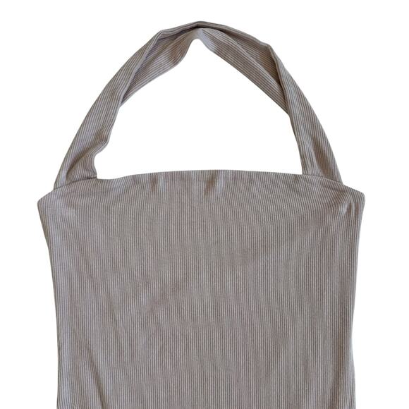 Superdown Revolve Bodysuit Top Halter Ribbed Stretch Open Back Size Medium Taupe - Picture 3 of 10